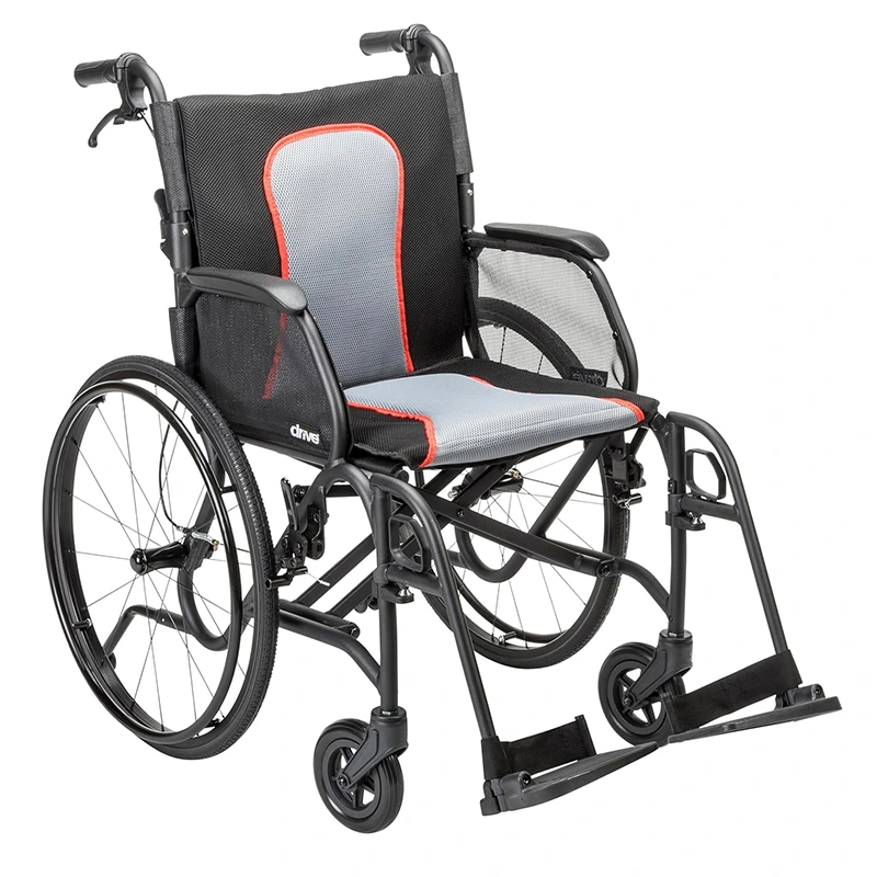 Wheelchair with gray and red seat on a white background