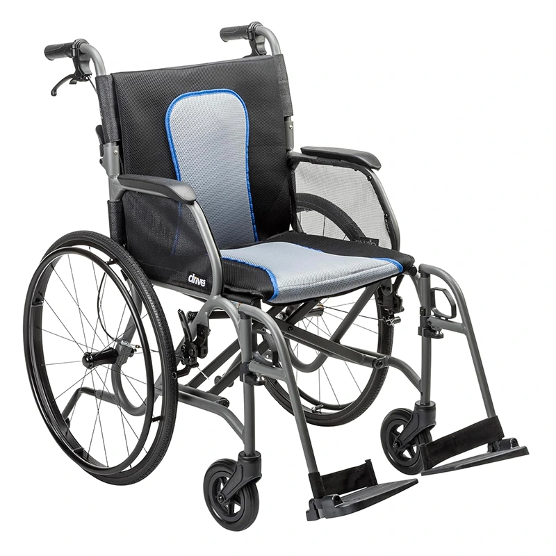Wheelchair with black frame and blue seat on a white background