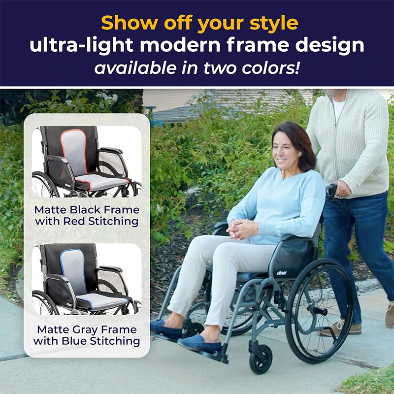 Woman using a wheelchair with text about ultra-light modern frame design in two colors.
