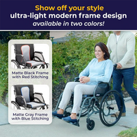 Woman using a wheelchair with text about ultra-light modern frame design in two colors.