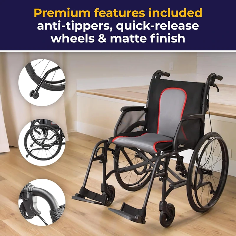 Wheelchair with premium features like anti-tippers and quick-release wheels on a wooden floor.