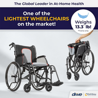 Lightweight wheelchair with text highlighting its weight and features on a white background