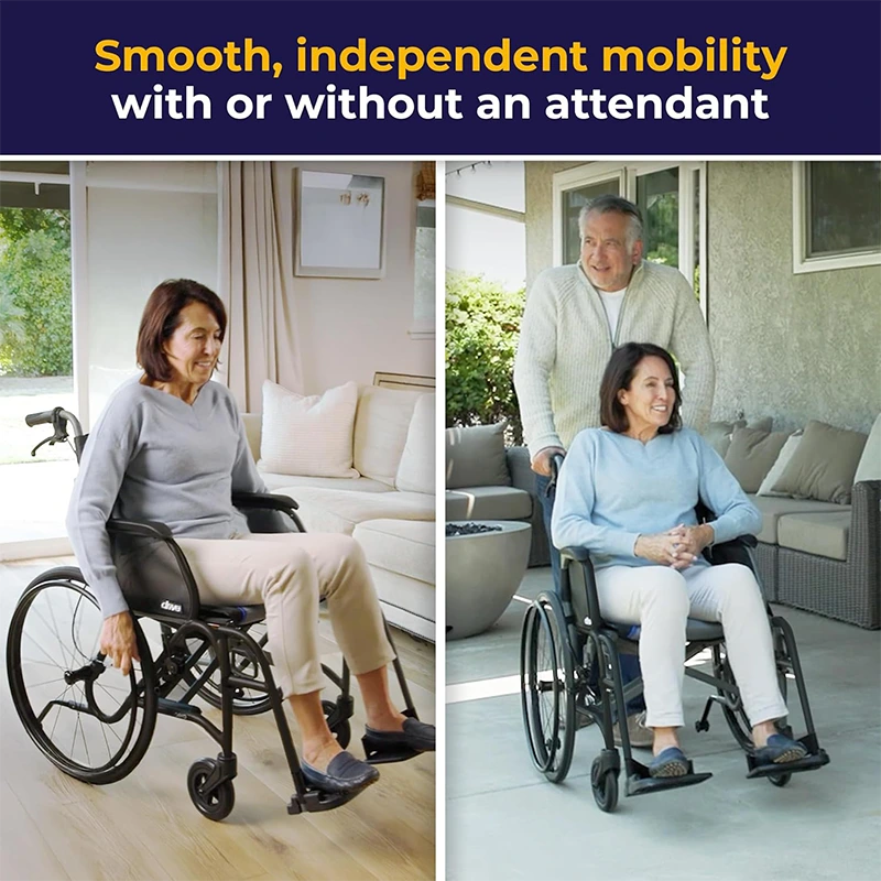 Two images showing a woman using a wheelchair with text about smooth, independent mobility.