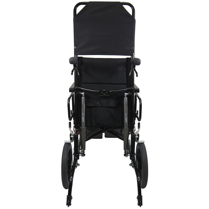 Folded KM-5000-TP reclining wheelchair for transport and storage