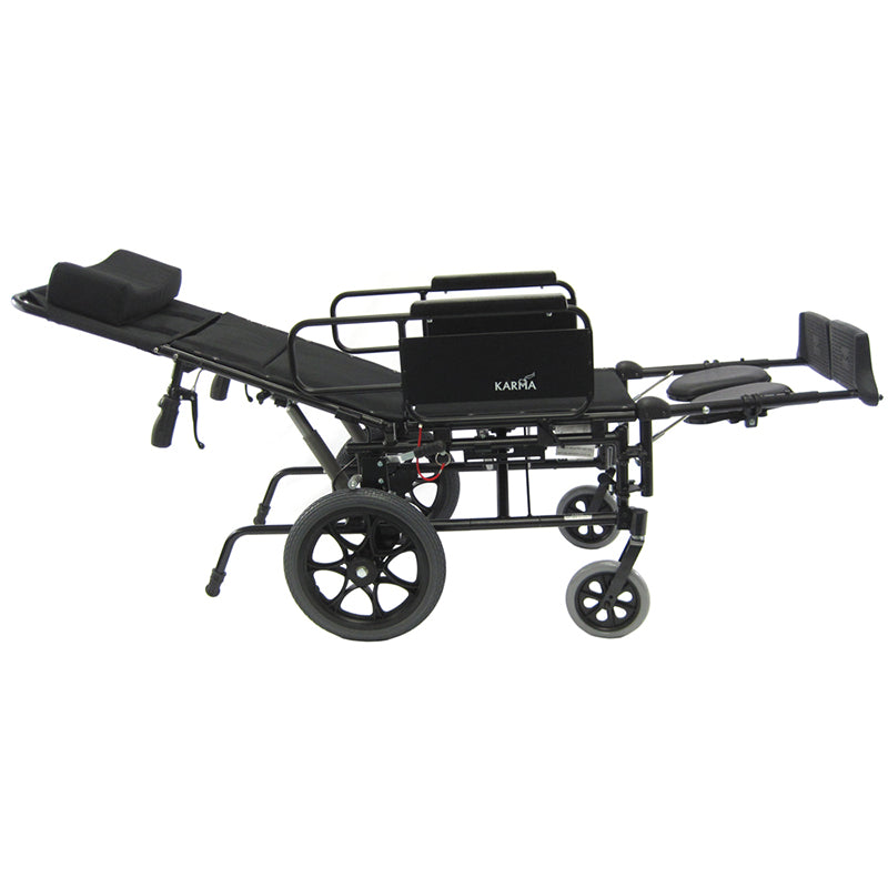 Side view of KM-5000-TP wheelchair in full recline position